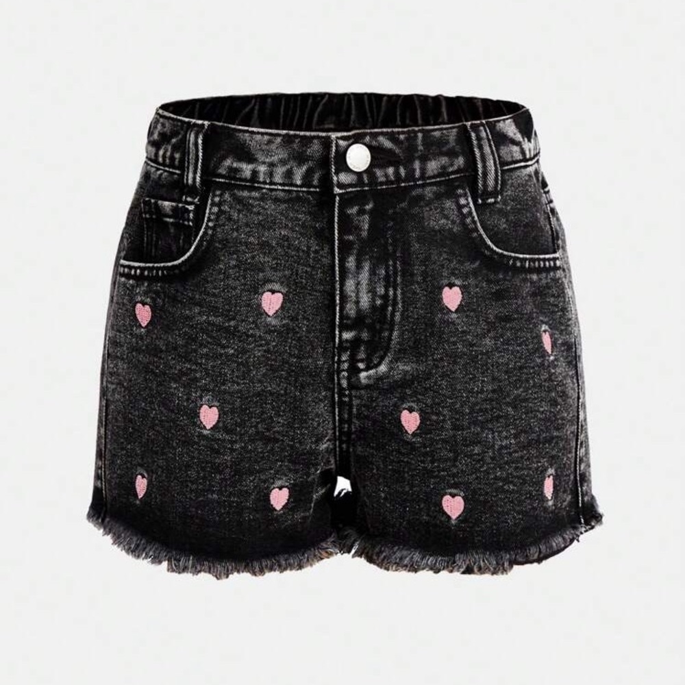 SHEIN Black Jean Shorts with Pink Heart Details - size 12